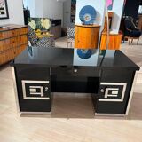 Art Deco Desk in Black Lacquer, Walnut & Metal, France, 1930s-1940s