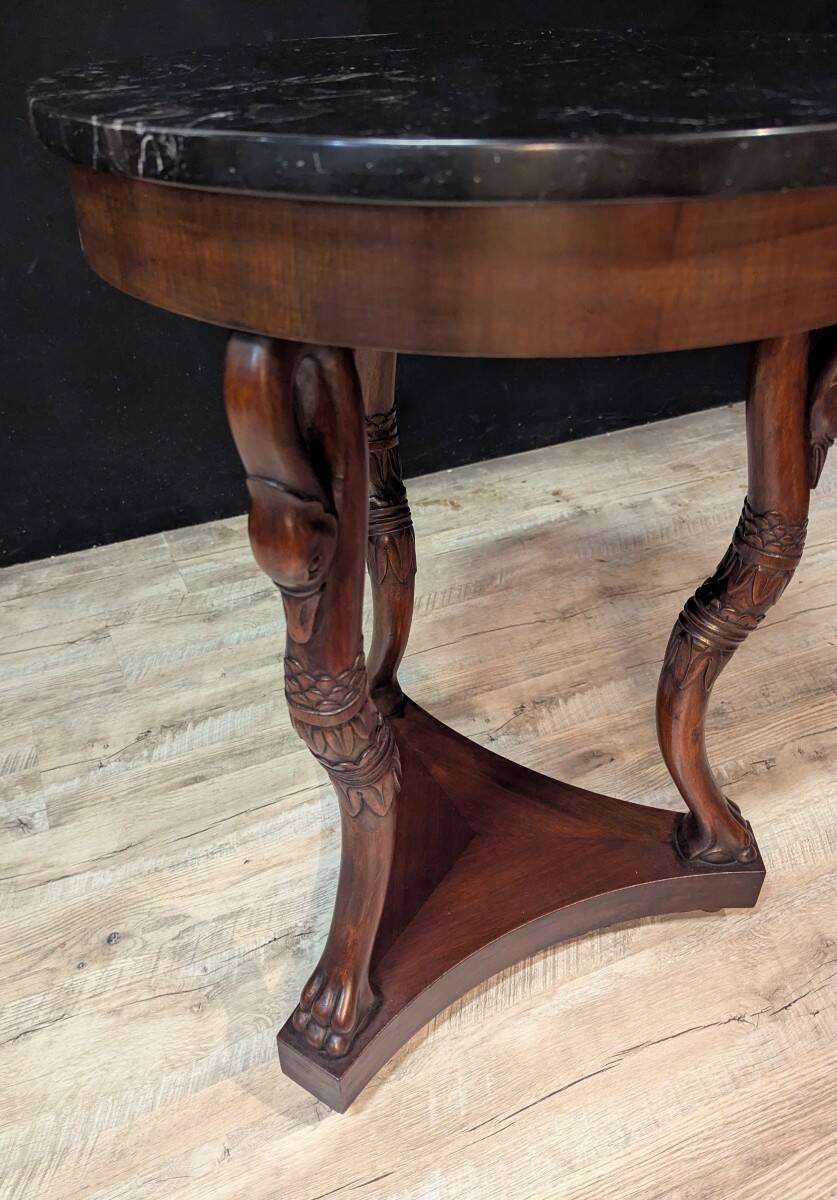 Empire style mahogany tripod pedestal table with swan neck legs
