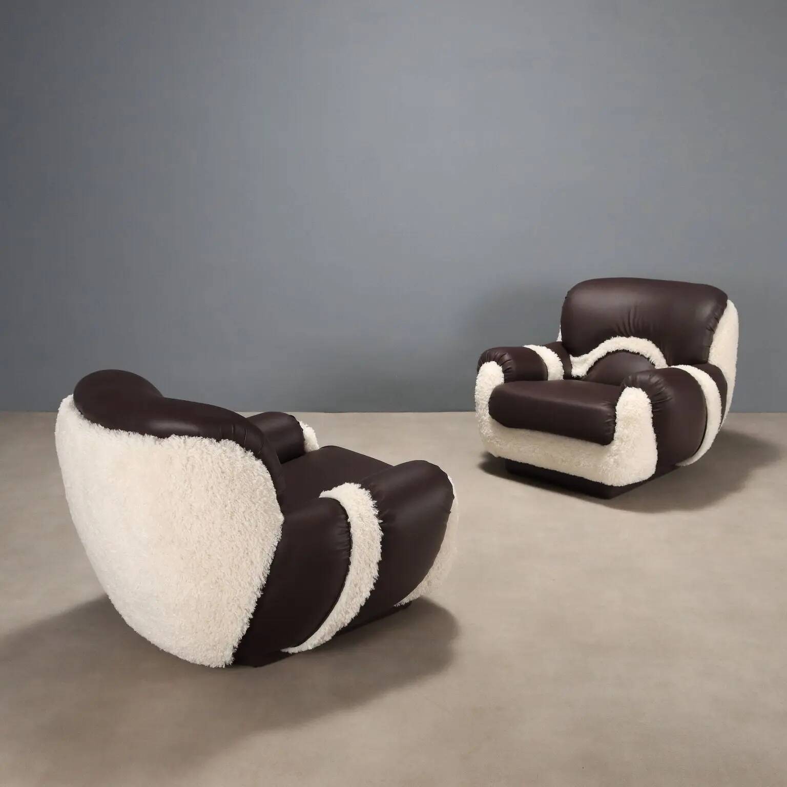 Pair of vintage armchairs in faux leather, foam, design, Italy, 1970s