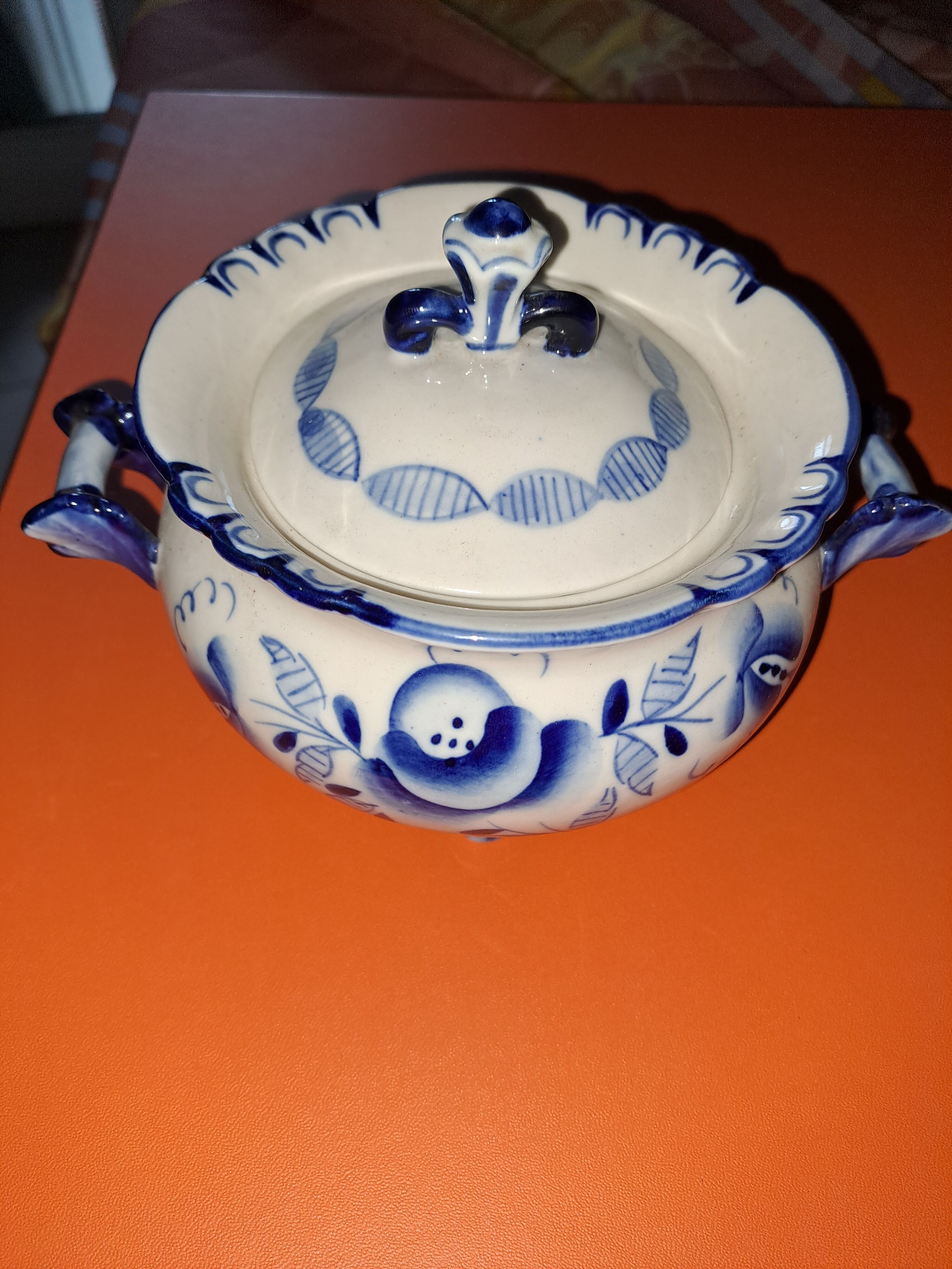 Vintage Gzhel porcelain sugar bowl