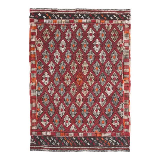 1970s Vintage Turkish Oushak Handmade Wool Cotton Red Area Rug 166x235