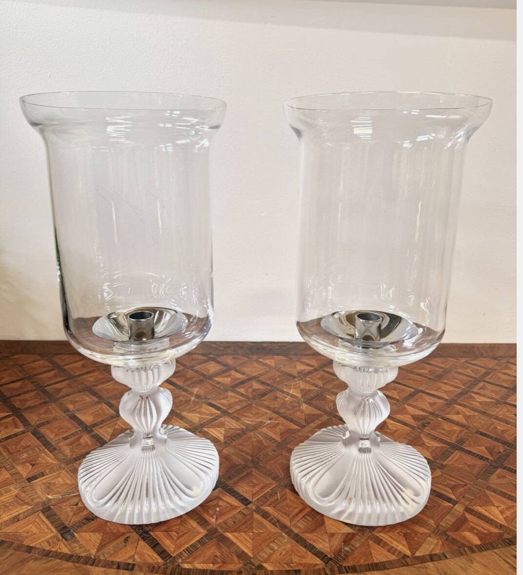 Pair of Lalique FRANCE crystal tealight holders – “Ouragan” model
