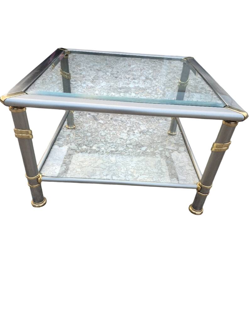 Hollywood Regency side table 1970 brushed metal and gold