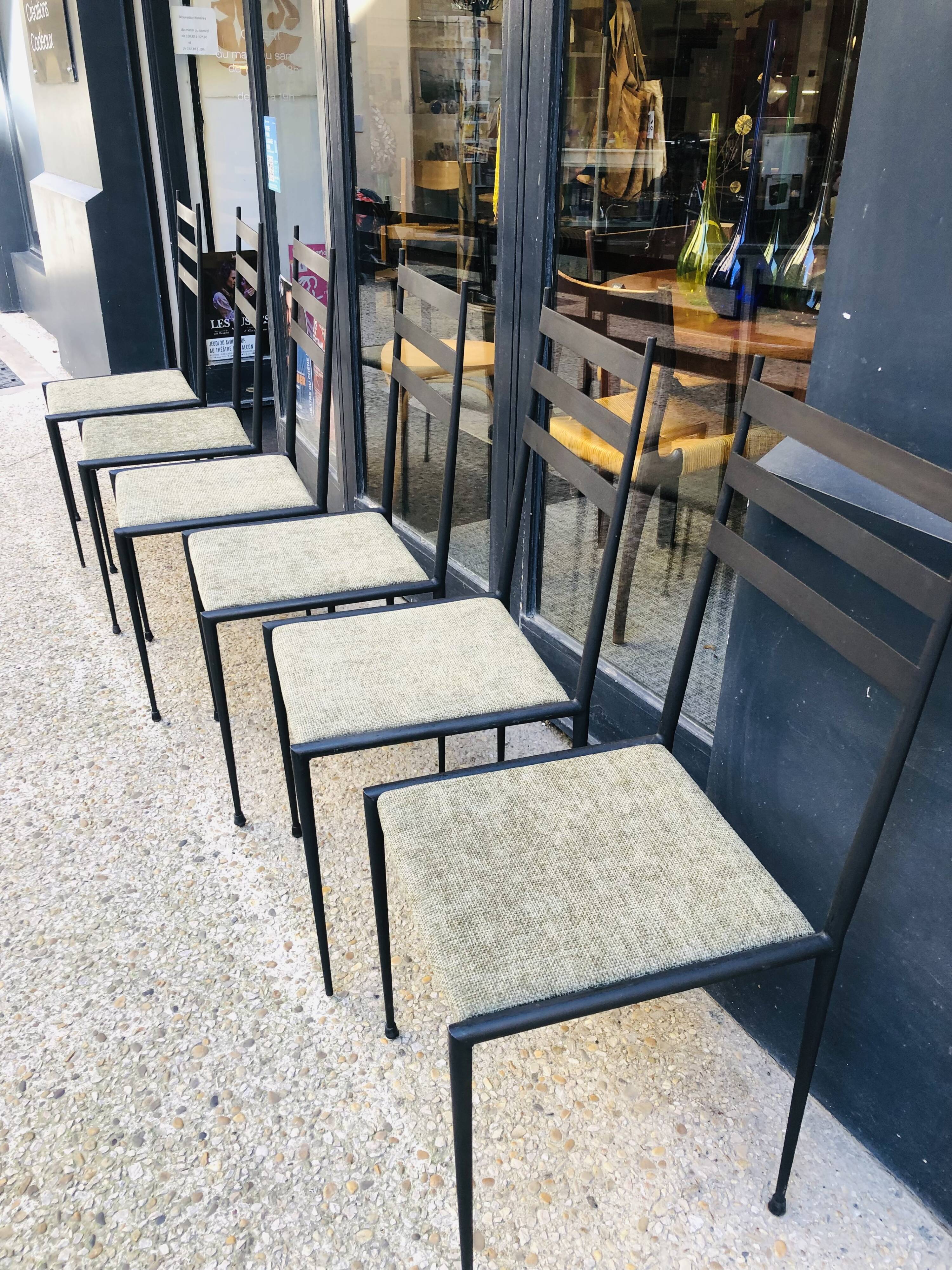 6 black metal chairs with green fabric, Italian design.