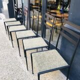 6 black metal chairs with green fabric, Italian design.