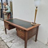 Louis XVI style minister's desk in solid walnut, 4 drawers, old manufacture