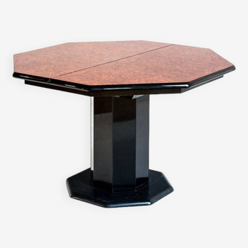 Octagonal dining table with extension. Lacquered wood and black marble base. Roche Bobois. 80s