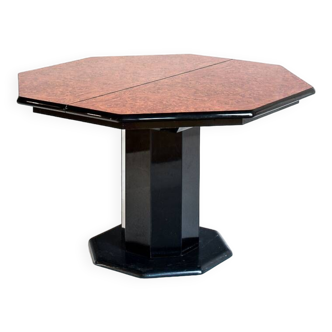 Octagonal dining table with extension. Lacquered wood and black marble base. Roche Bobois. 80s