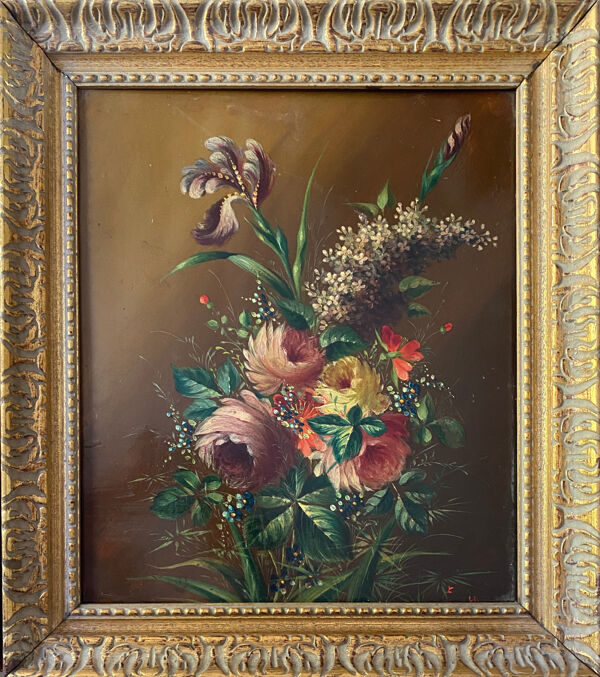 Tableaux XIX° pendant HSP acajou ''Bouquet de fleurs'' signés Vincent + cadre