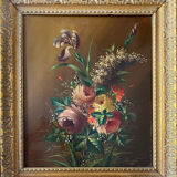 Tableaux XIX° pendant HSP acajou "Bouquet de fleurs" signés Vincent + cadre