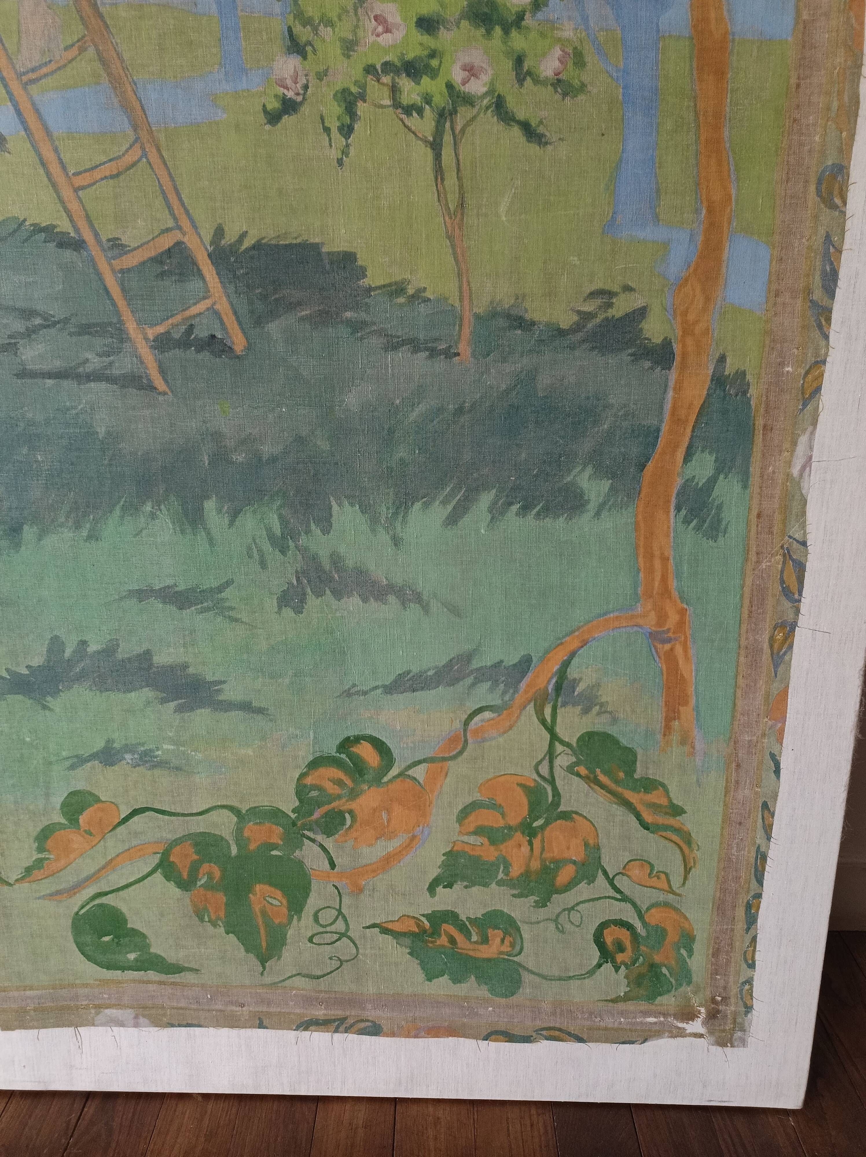 Large painting on canvas from the 20th century mounted on a frame - rural scene.