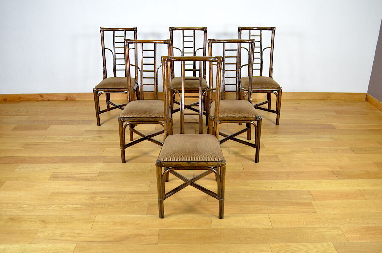 Series of 6 bamboo chairs & fabric 1980