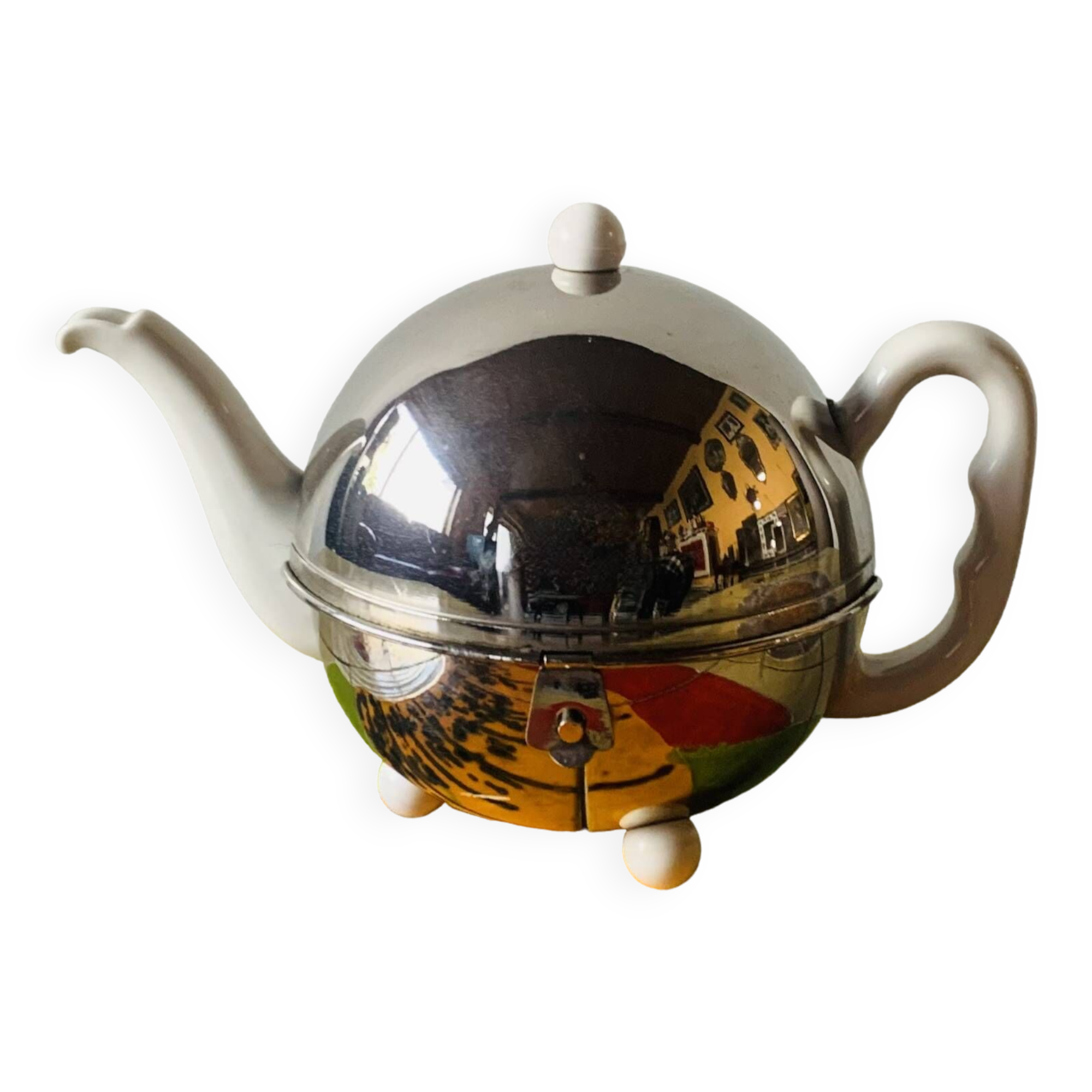 Old insulating teapot in ceramic and chrome metal - Dovo Tiel