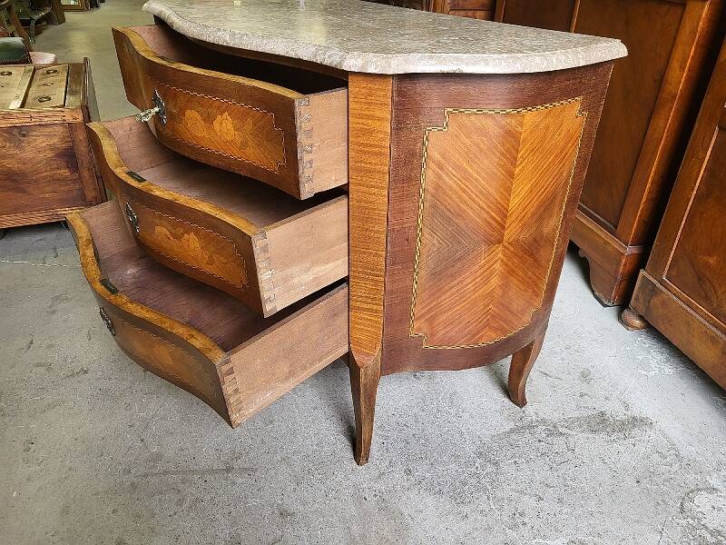 Curved chest of drawers in rosewood and marble marquetry