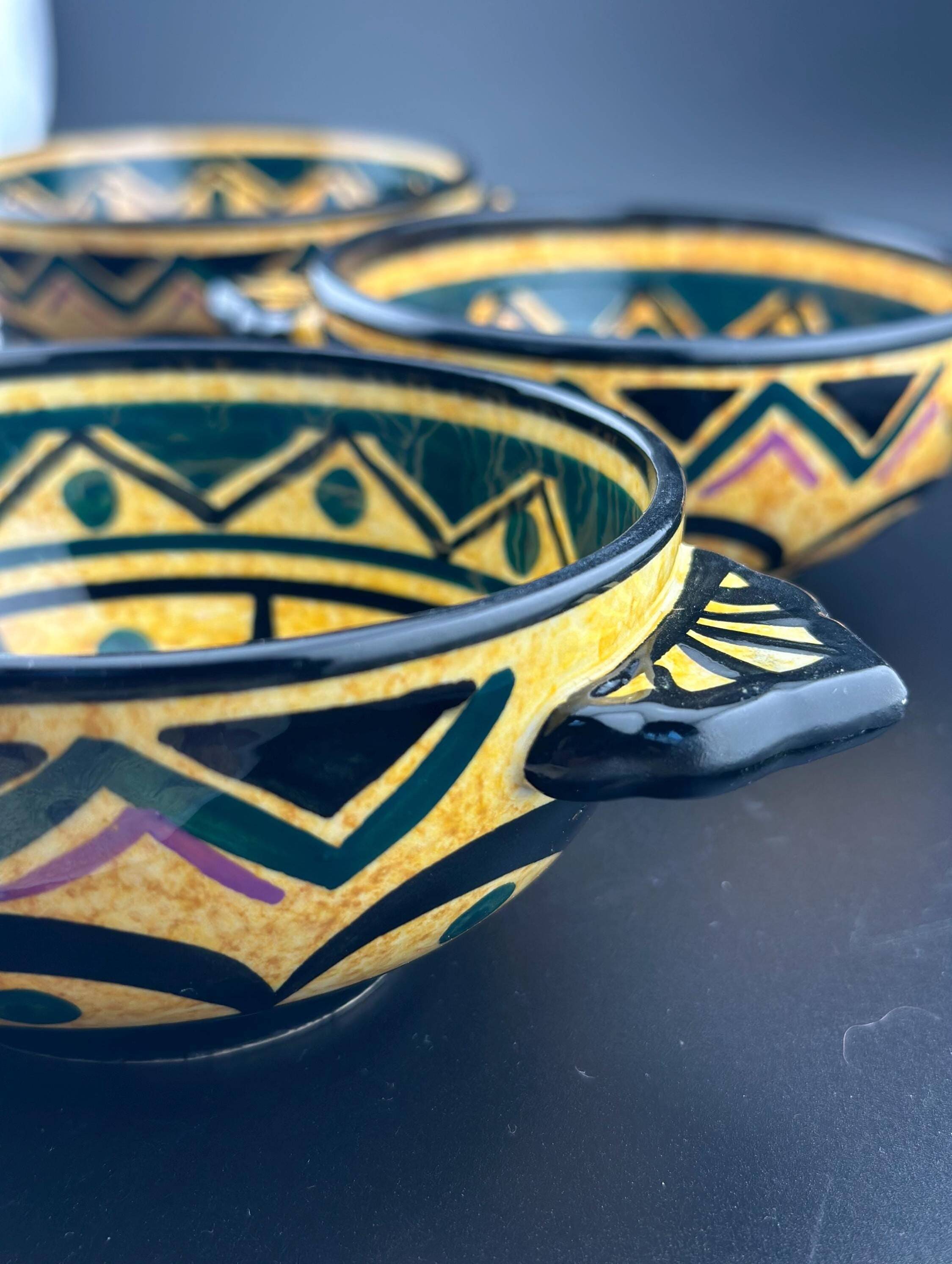 Earthenware Bowls St Jean de Bretagne Set of 4 Hand Decorated Geometric Black