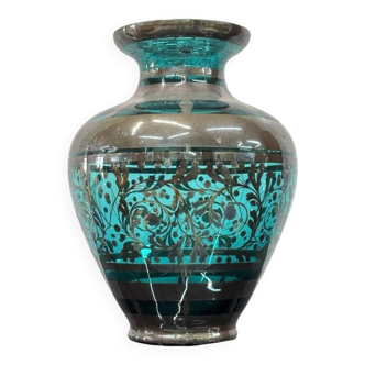 American Art Deco Vase in Glass and Silver Overlay, 1930s