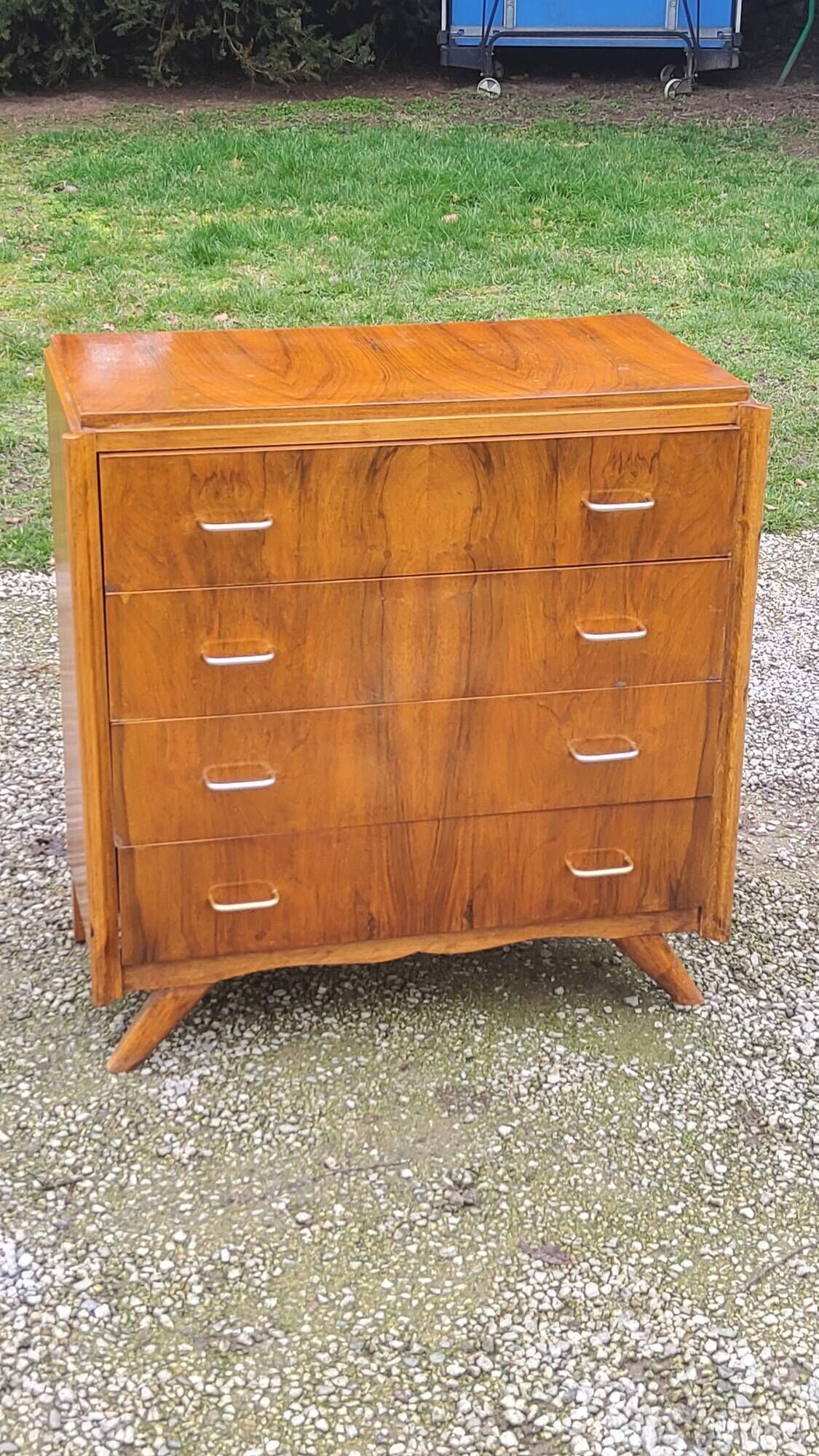 Vintage chest of drawers in walnut compass legs 4 drawers from the 1950s
