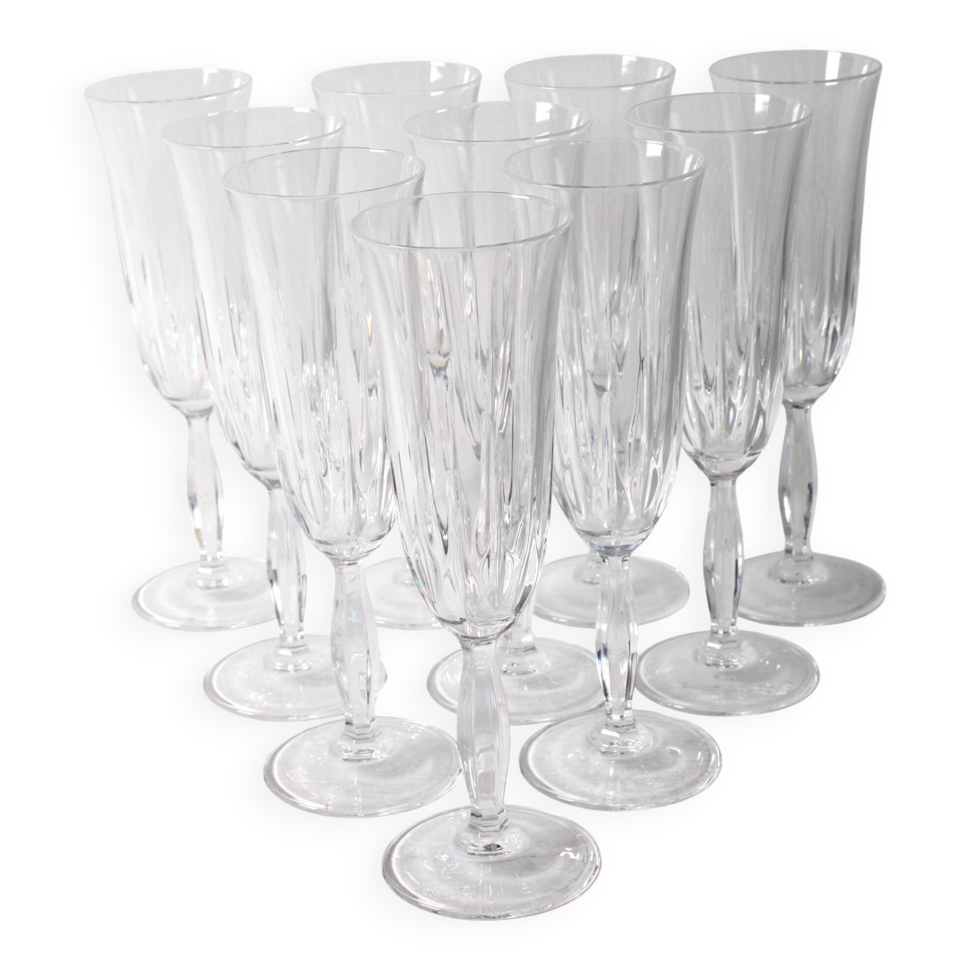 Set of 10 Vintage Crystal Champagne Flutes, Clear Italian Stemware