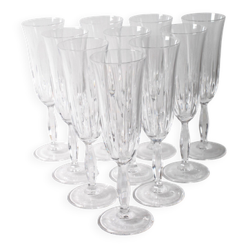 Ensemble de 10 flûtes à champagne vintage en cristal, verre à pied italien transparent.
