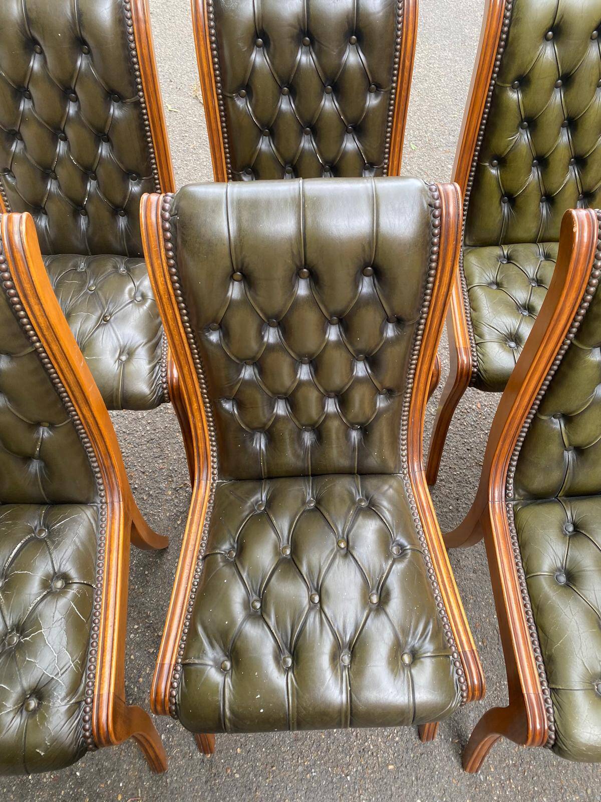 6 English Chesterfield chairs, 20th century, olive green leather