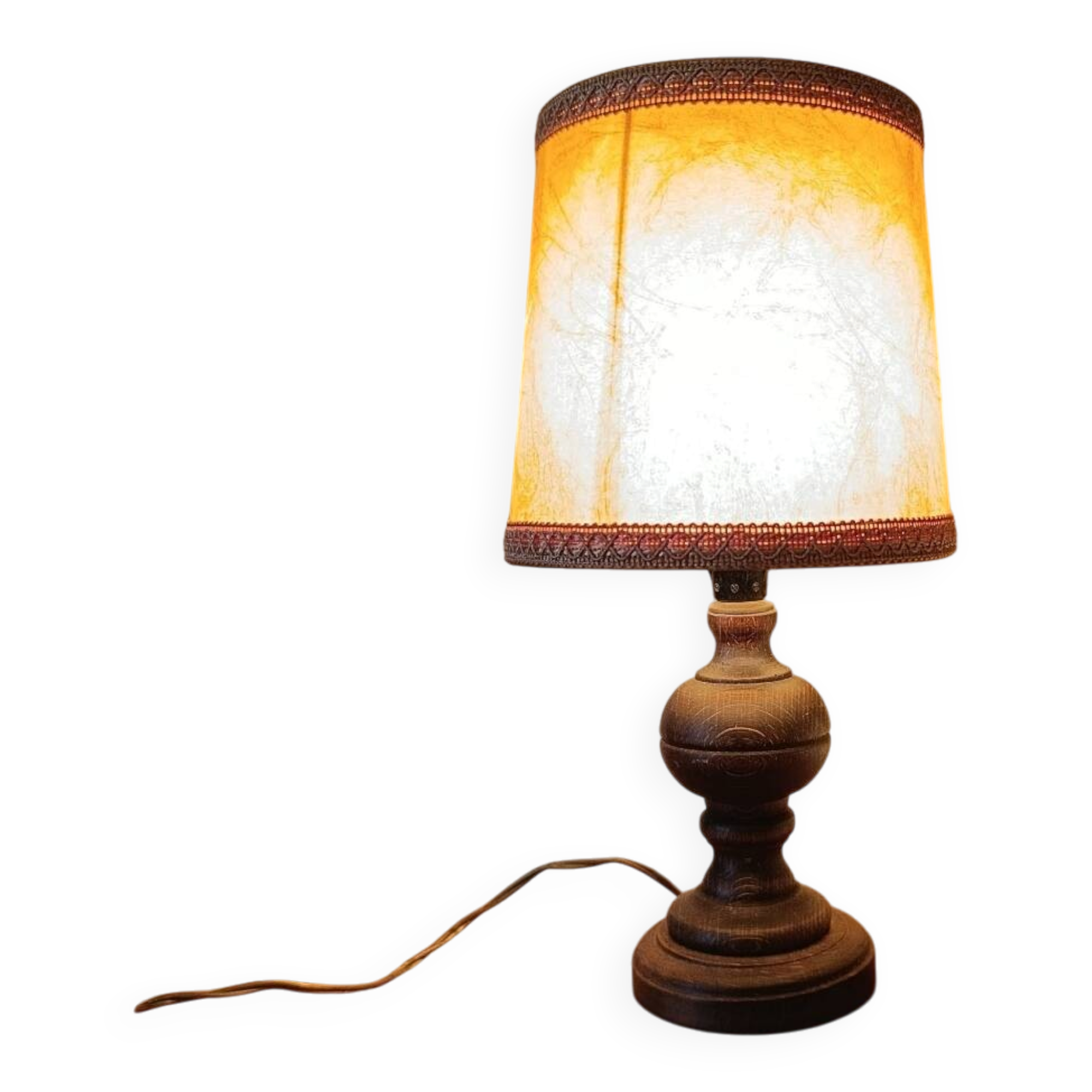 turned wooden table lamp, vintage leather shade