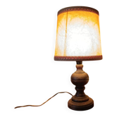 turned wooden table lamp, vintage leather shade