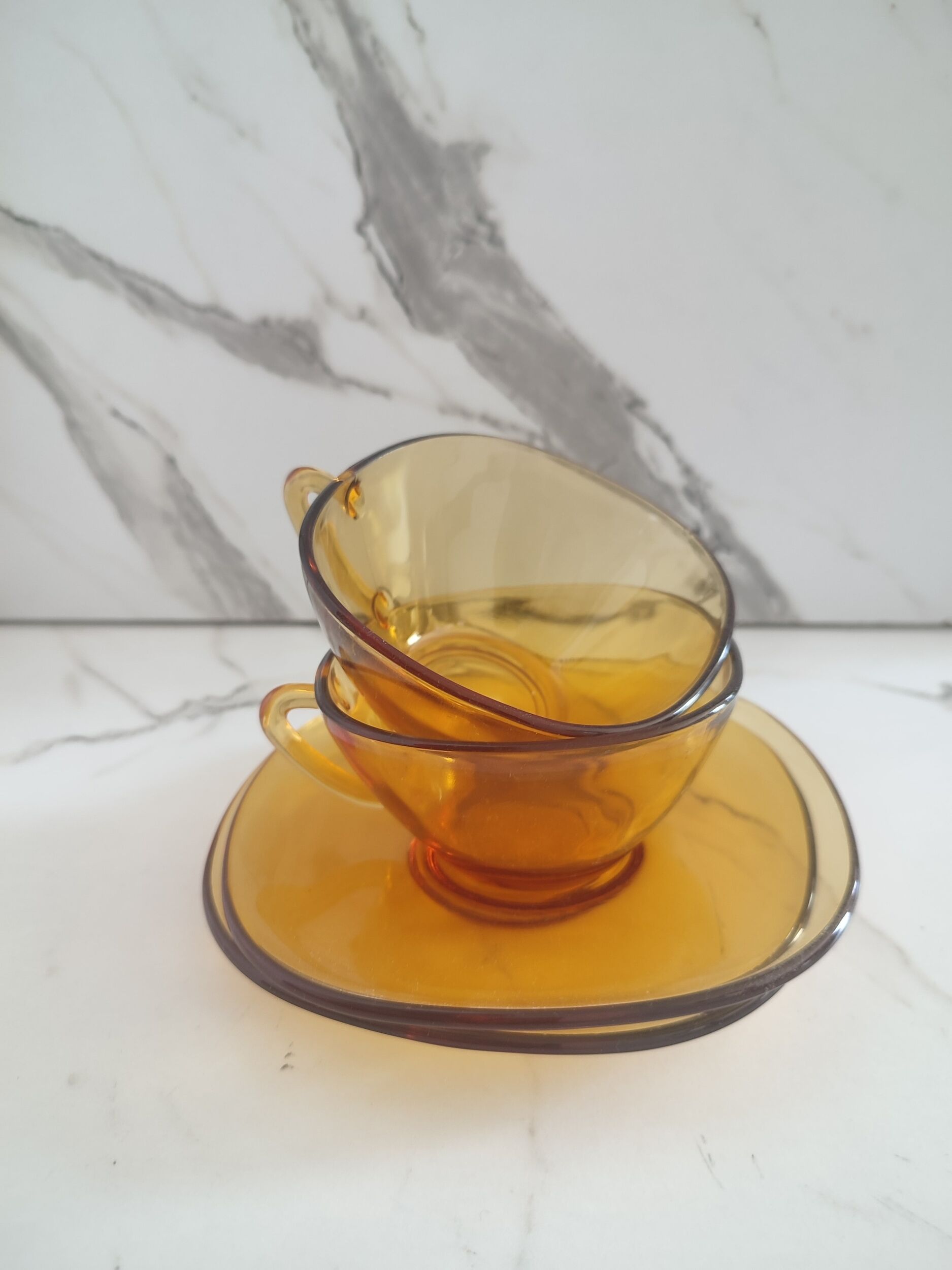Lot De 2 Tasses à Café Vintage Vereco Couleur Ambre - Années 70, Avec Soucoupes, Occasion Bon état