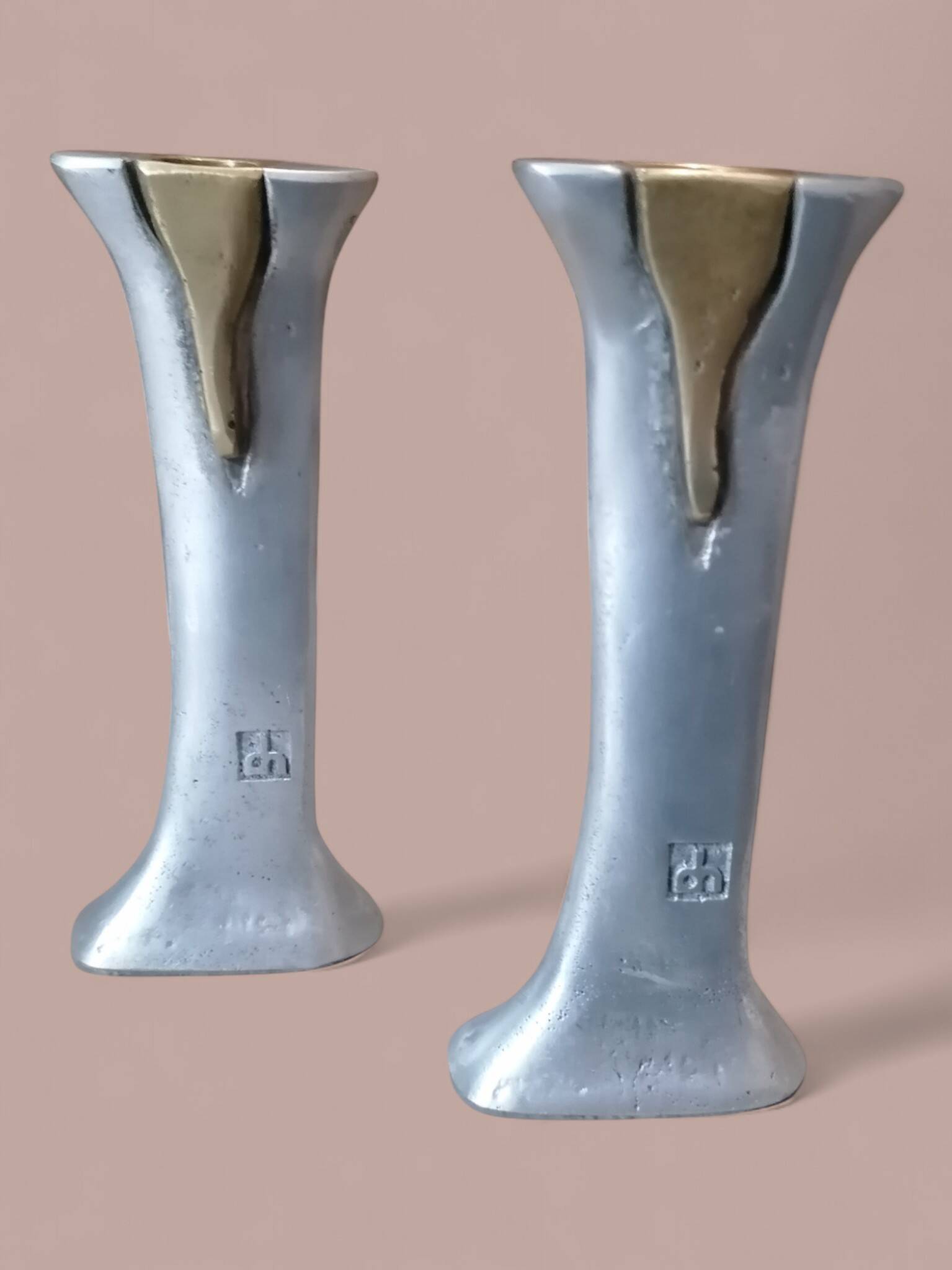 Pair of brutalist candlesticks in bronze and aluminum - David Marshall.