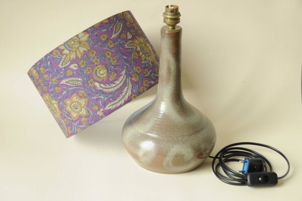 Lampe Vintage Céramique - Abat-Jour Indien Fleurs Violet - Style Années 70