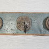 Antique teak coat rack with 3 wrought iron hooks