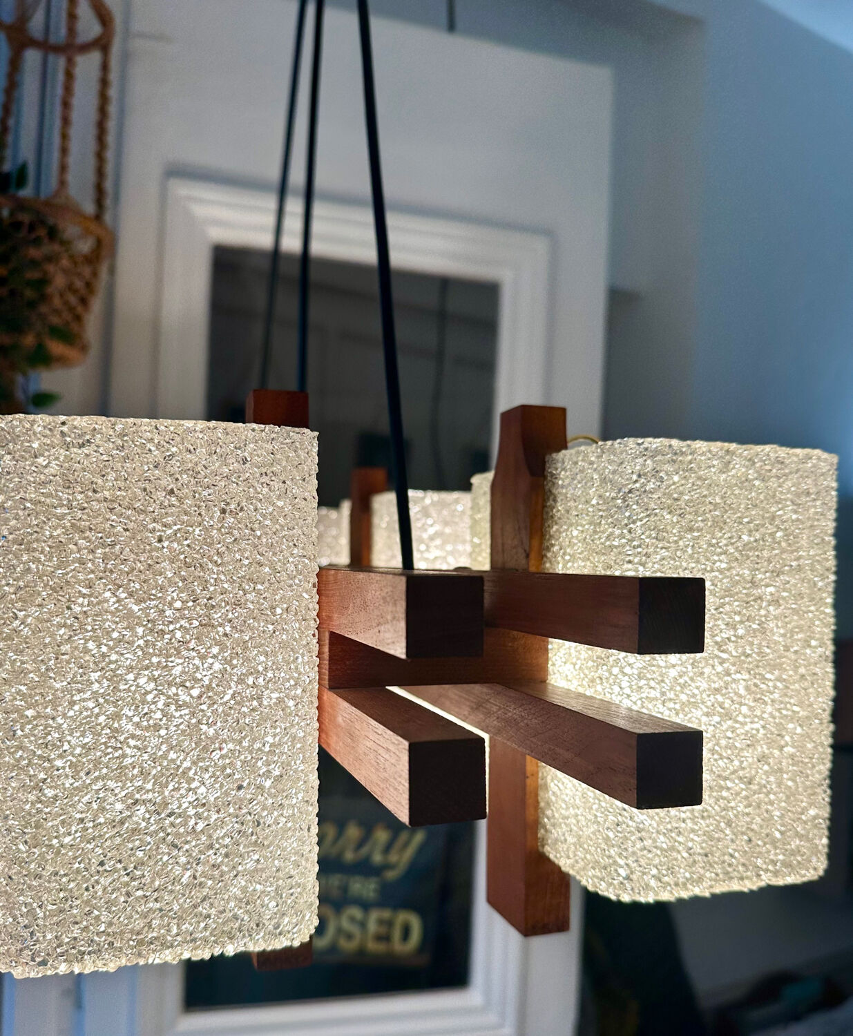 Vintage 1950s Scandinavian teak and perspex pendant light.