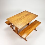Mid century scandinavian pine dining set consists of one table and two benches, 1960s