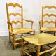 Pair of French Provencal Radassier beech chairs and ottoman, with rush seating.
