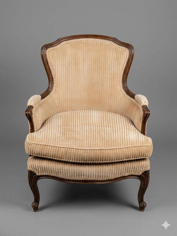 Louis XV Style Bergère Armchair in Cream Corduroy
