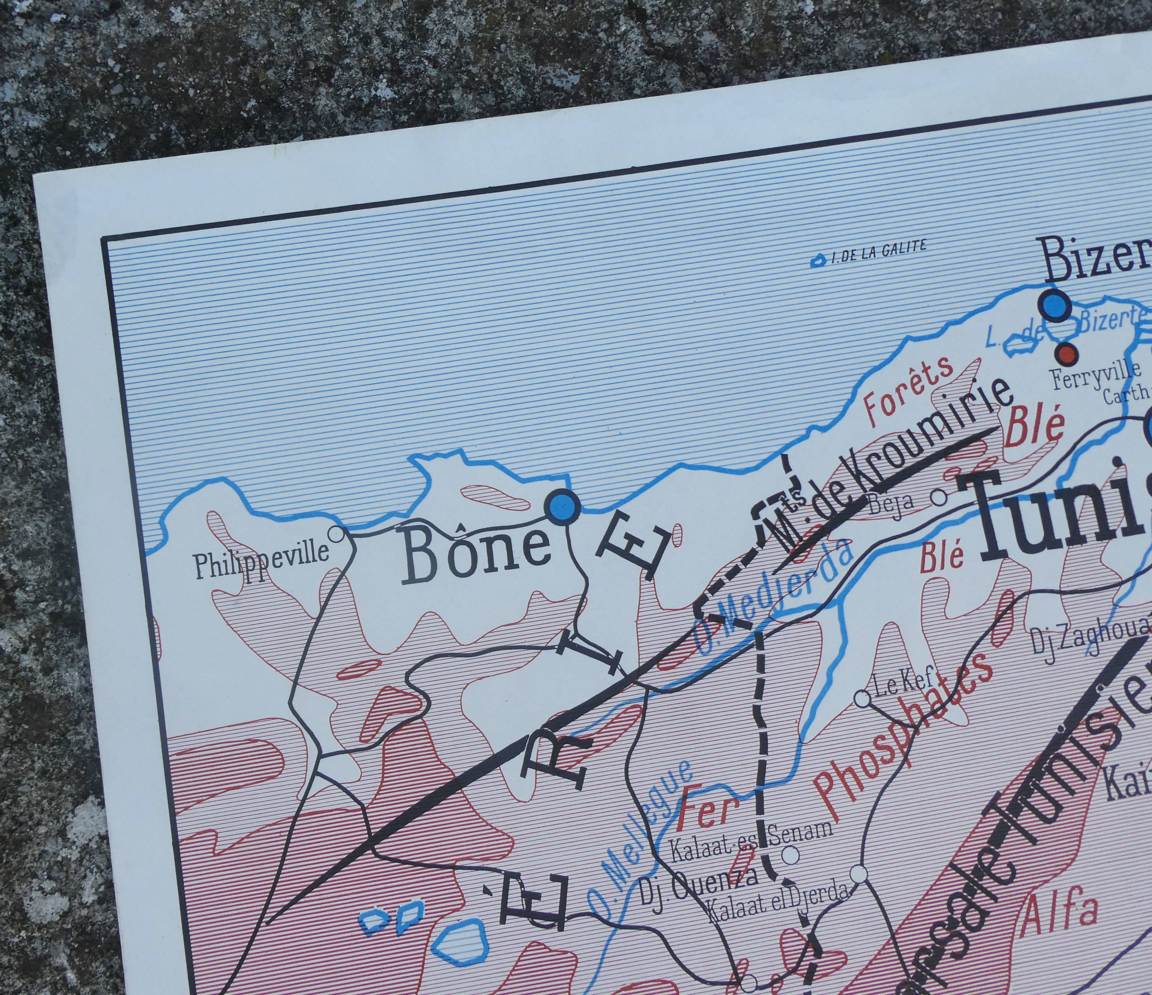 Old poster-school map Rossignol year 50 Tunisia, Algeria
