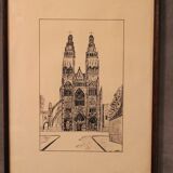 Pen drawing ink cathedral of Tours dated signed Talbot