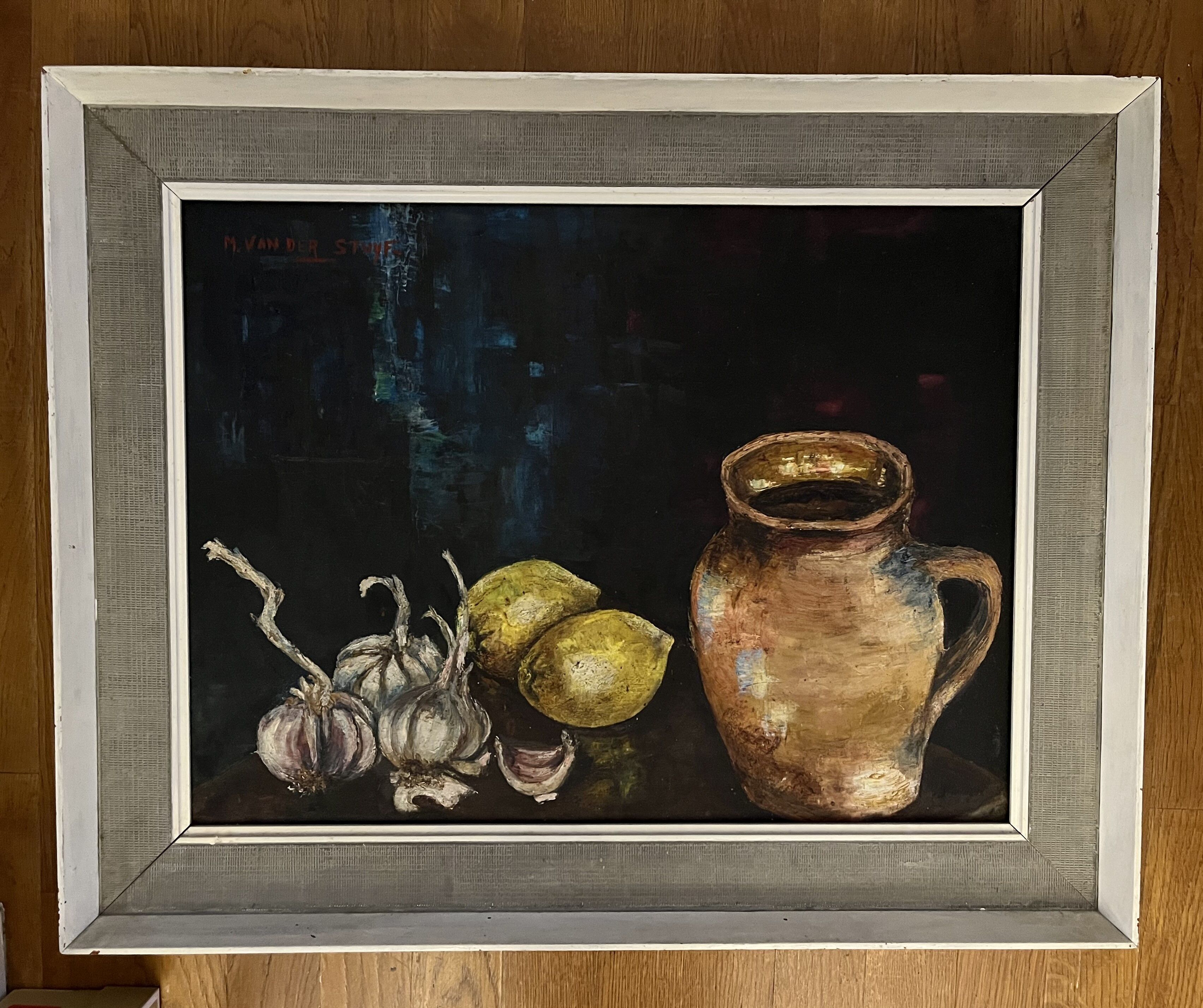Painting Still Life with Jug, Garlic and Lemons