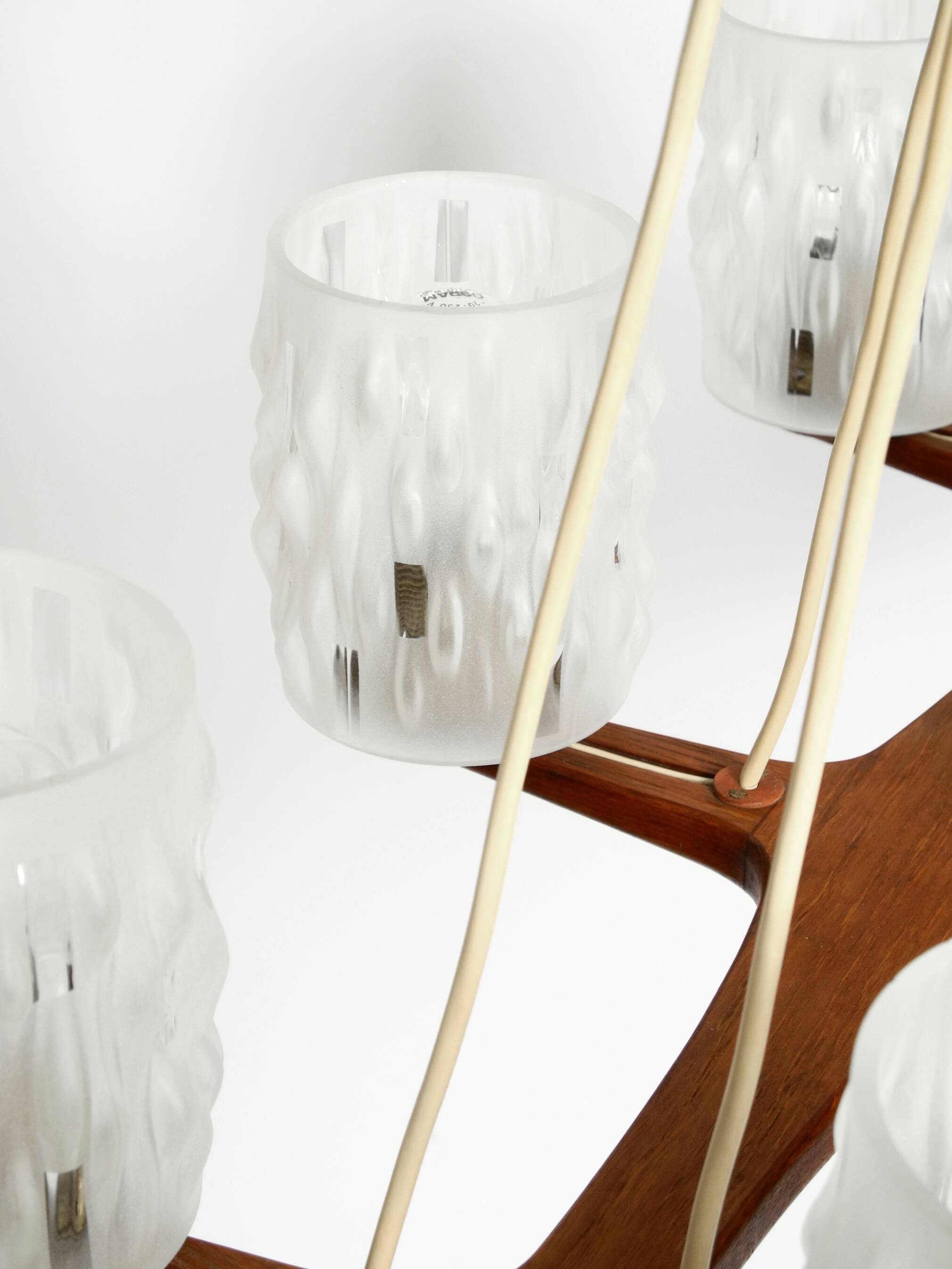 Beautiful 6-armed Scandinavian 1960s ceiling lamp made of teak and with gla