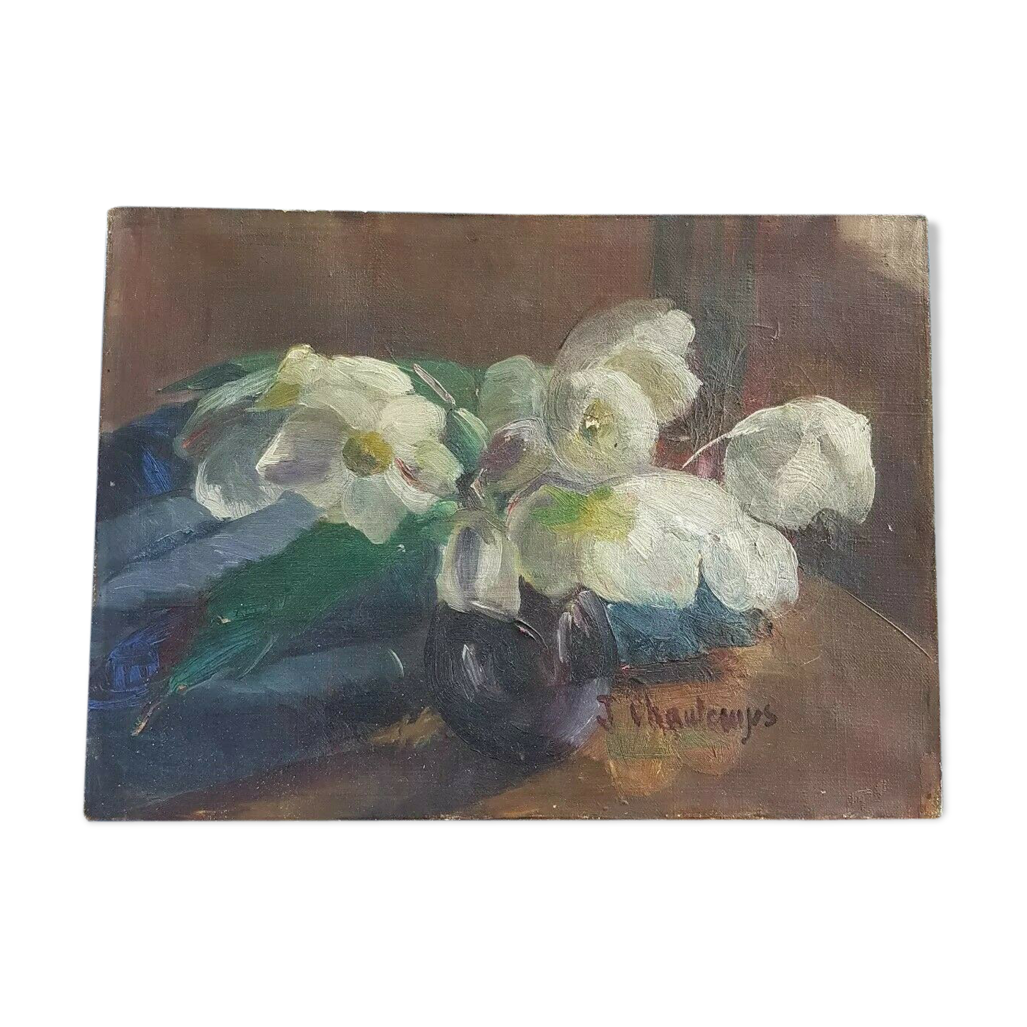 Oil on canvas still life bouquet of artist's signature flowers