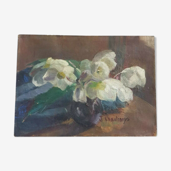 Huile sur toile nature morte bouquet de fleurs signature d'artiste