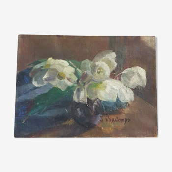 Oil on canvas still life bouquet of artist's signature flowers
