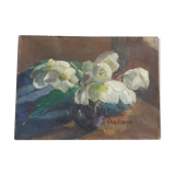 Oil on canvas still life bouquet of artist's signature flowers