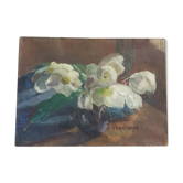 Oil on canvas still life bouquet of artist's signature flowers