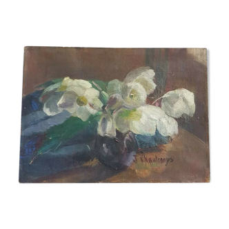 Oil on canvas still life bouquet of artist's signature flowers
