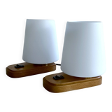 Paire de lampes scandinaves vintage, bois et verre