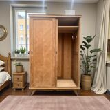 Vintage wardrobe with compass legs in raw wood, sliding doors, 1960s