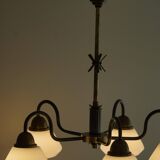 A modern Danish chandelier with 5 heads in opaline glass and brass, Art Deco, 1940s.