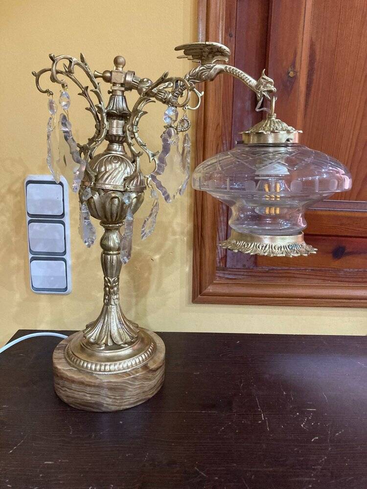 Bronze table lamp with dragon arm and cut glass shade, 1940s