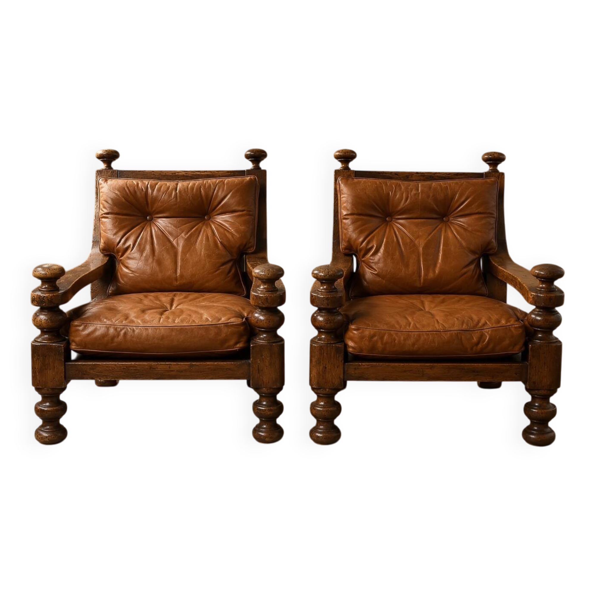 Paire Fauteuils brutalistes cuir / chêne scandinave Circa 1960