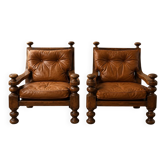 Pair of brutalist armchairs in leather / Scandinavian oak Circa 1960